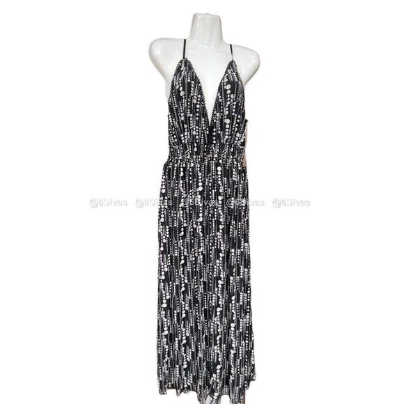 𝅺BLACK Grey Polka Dot Spaghetti Strap Long Maxi Dress- Small Medium - Picture 1 of 6